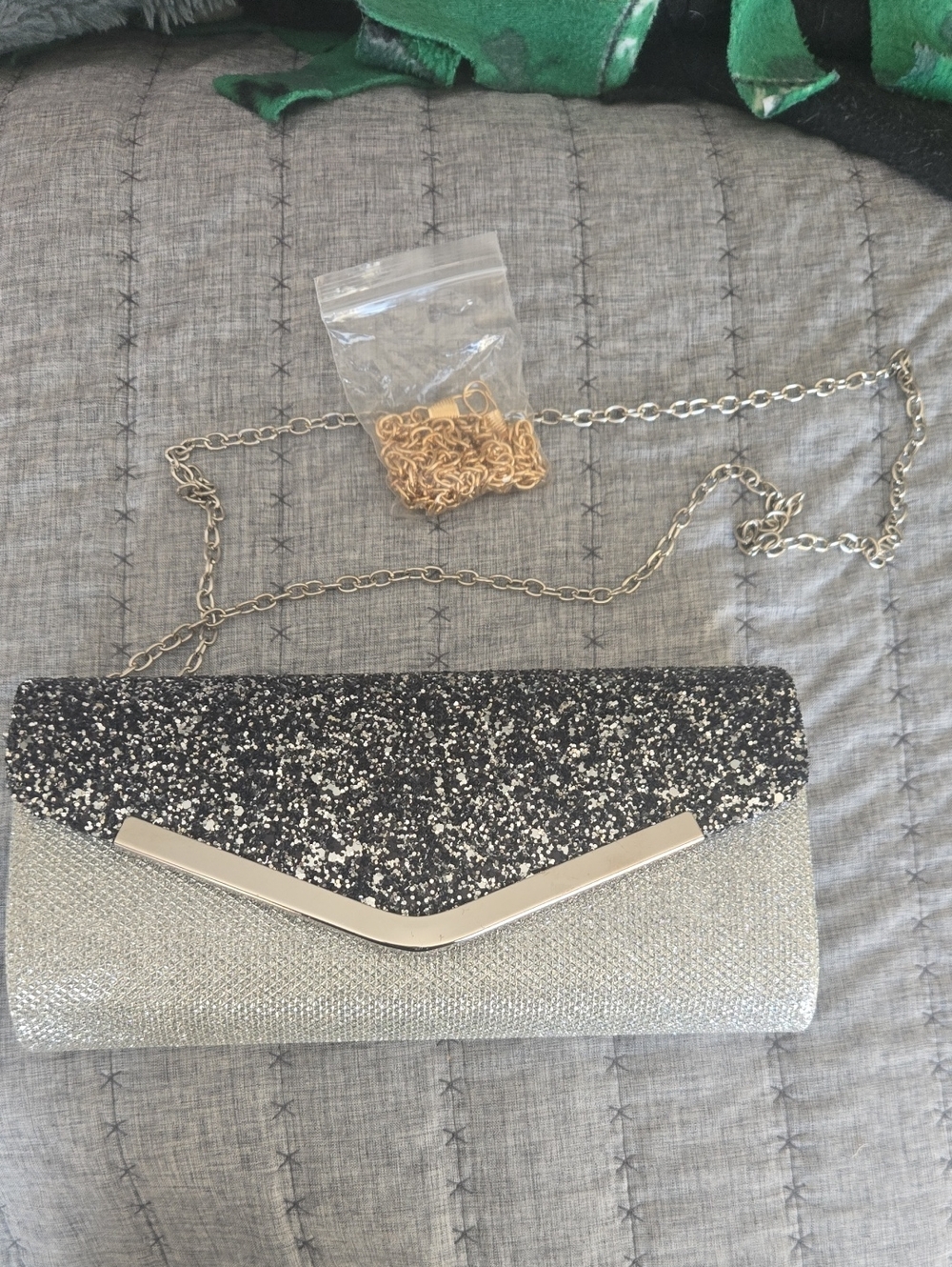 Amazon Black and Silver Glitter Envelope Clutch with Chain Strap